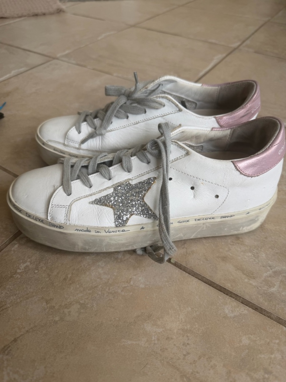 Women’s White Leather Platform Sneaker with Pink Heel and Silver Star